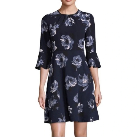 KATE SPADE Night Rose Crepe Star Bright Rich Navy Dress Floral Feminine Size 10 - Picture 1 of 10